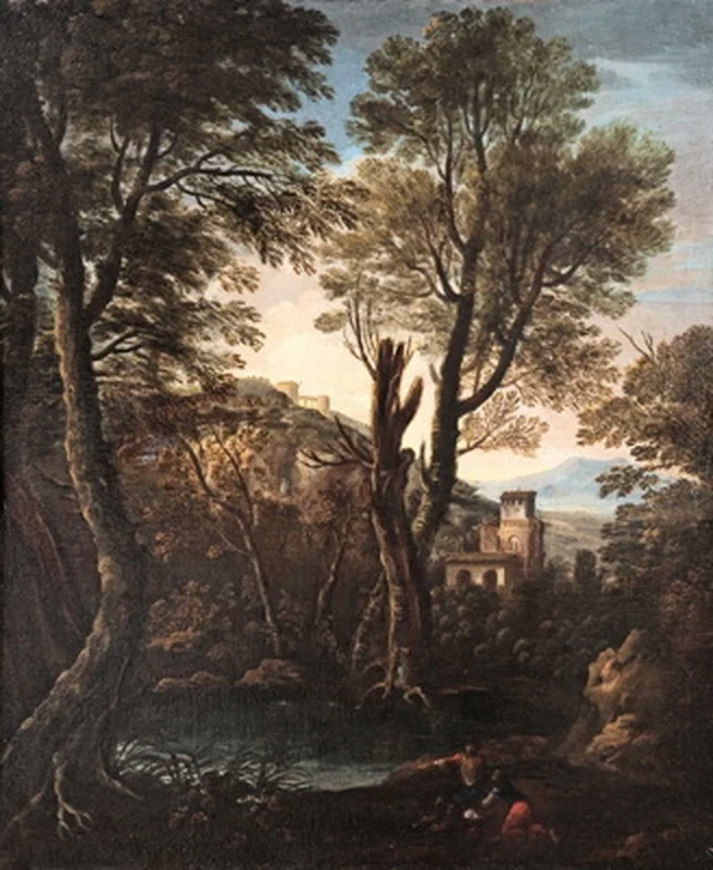 Paesaggio con figure, laghetto ecasa